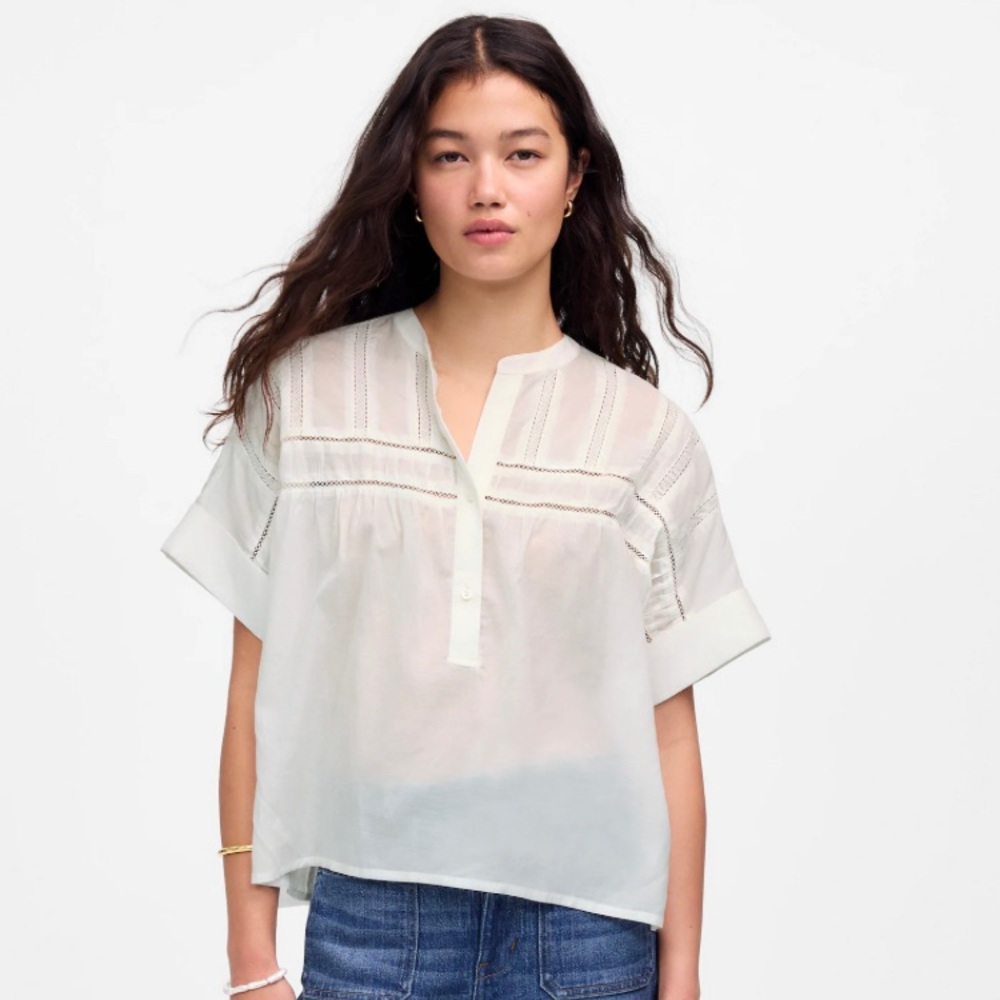 Madewell Women's White Lace-Inset Pintucked Henley Top Size XL NWT